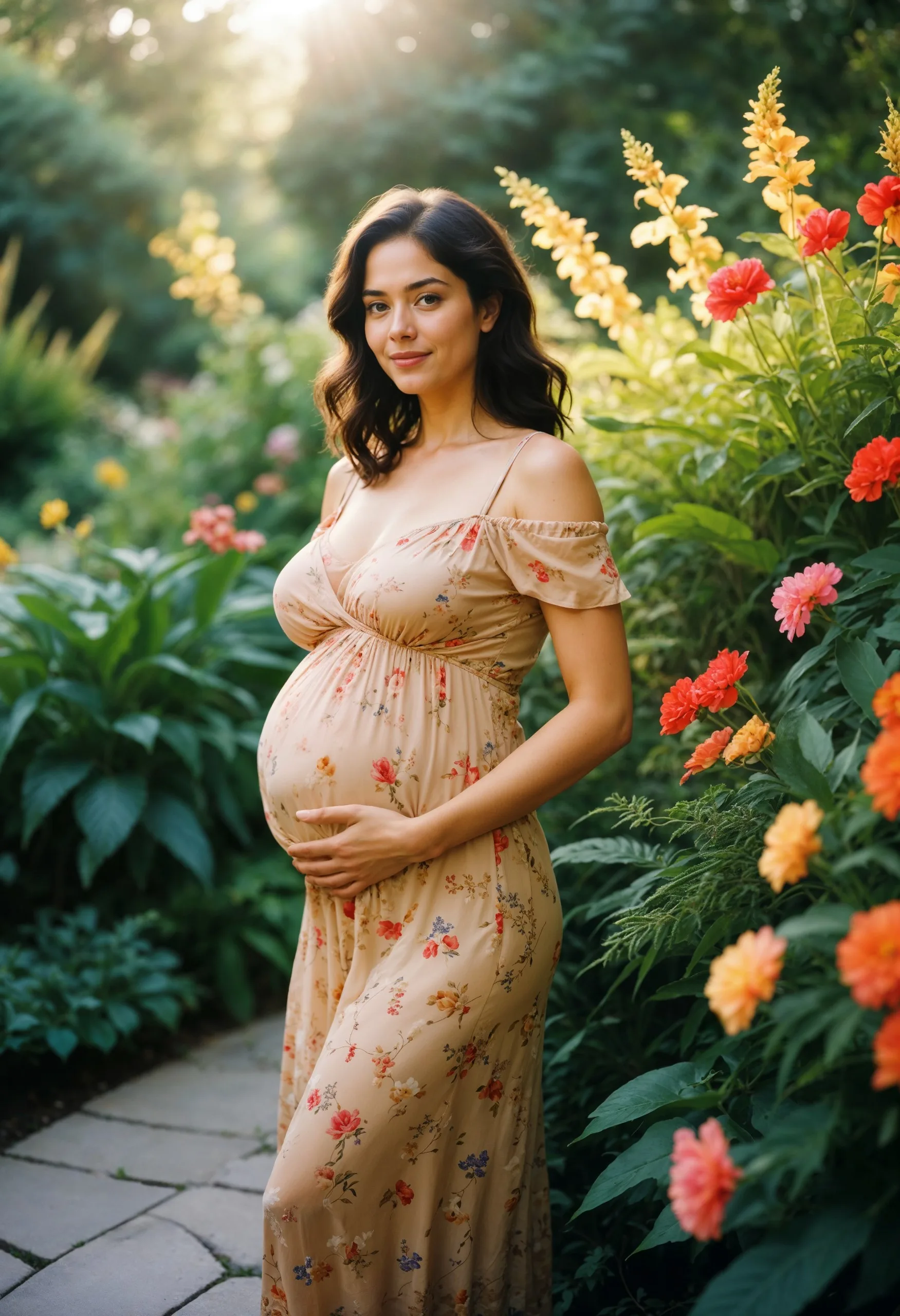 pregnancy photography in Kolkata with expecting mother in floral dress surrounded by garden flowers