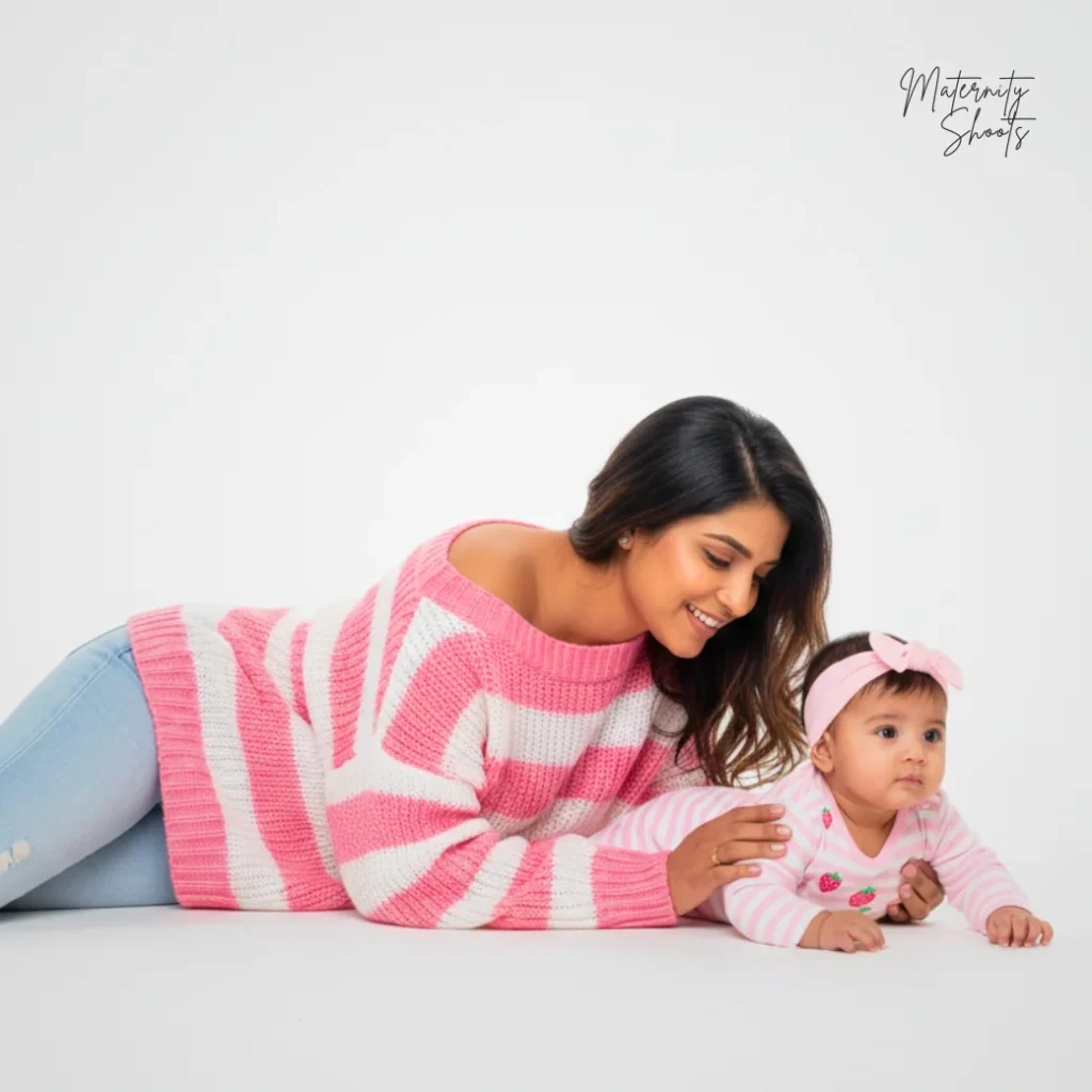 Baby Amyra smiling in her mother Riya’s arms during a Kolkata baby photography session.