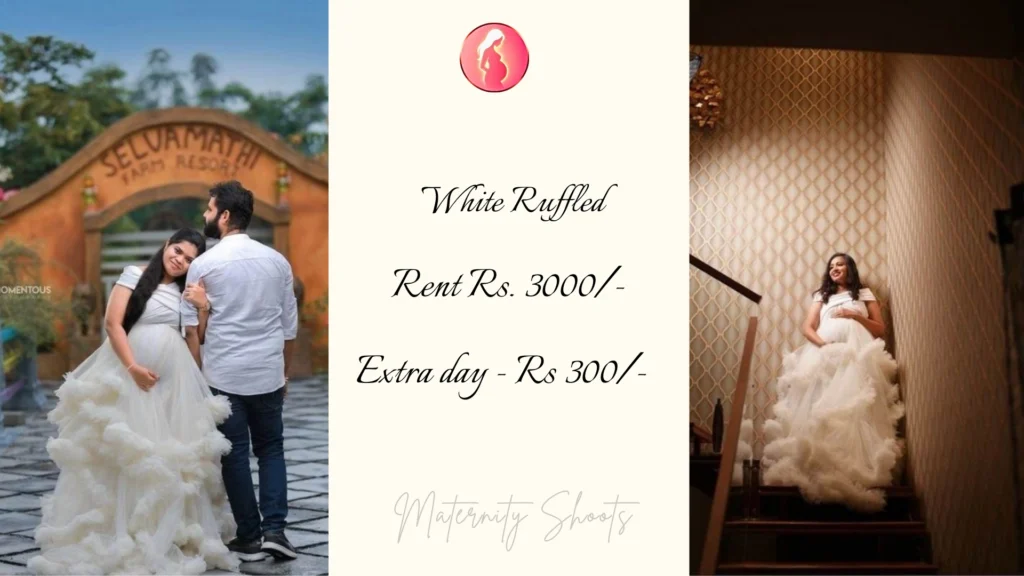 white ruffled maternity gown with cascading layers and dramatic flare posed for romantic maternity photoshoot