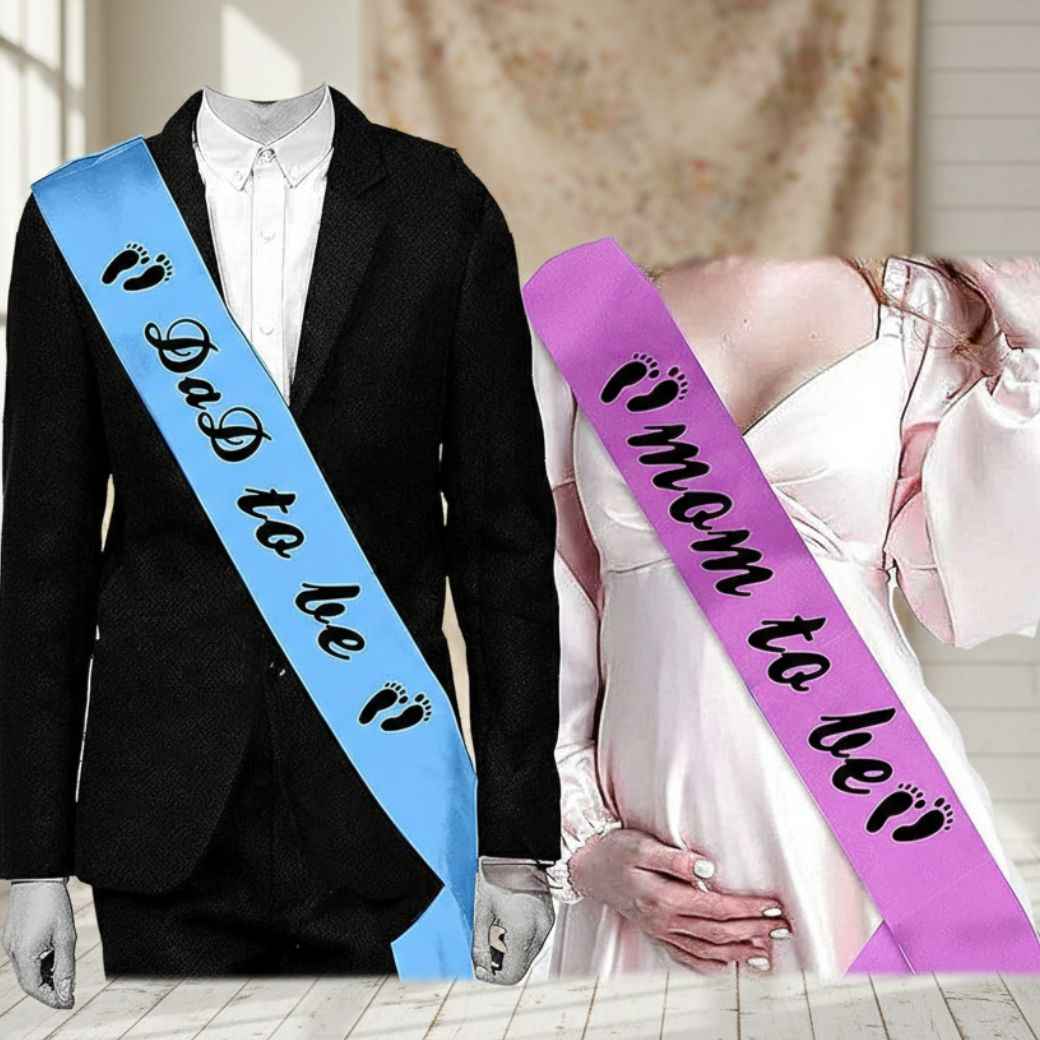 Mom-to-be and dad-to-be sashes used for maternity photoshoot announcement styling