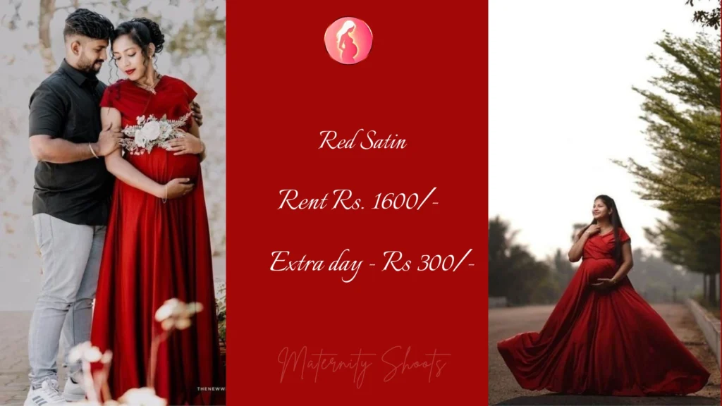 red satin maternity gown with smooth finish and long flow for dramatic maternity photoshoot