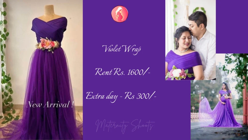 violet wrap maternity gown with elegant drape and floral waist detail for romantic maternity photoshoot
