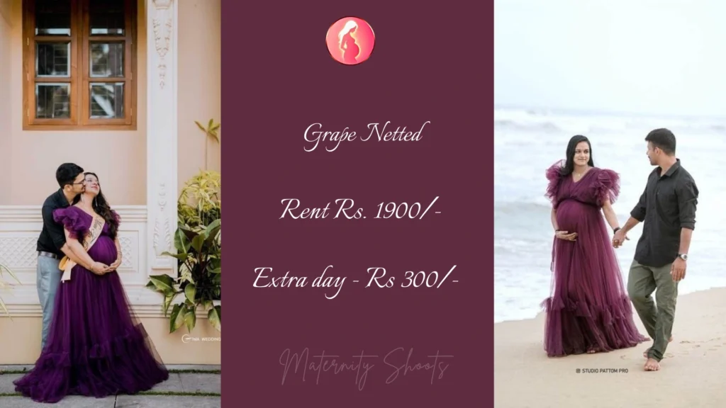 grape netted maternity gown with deep purple layers styled for outdoor couple maternity shoot