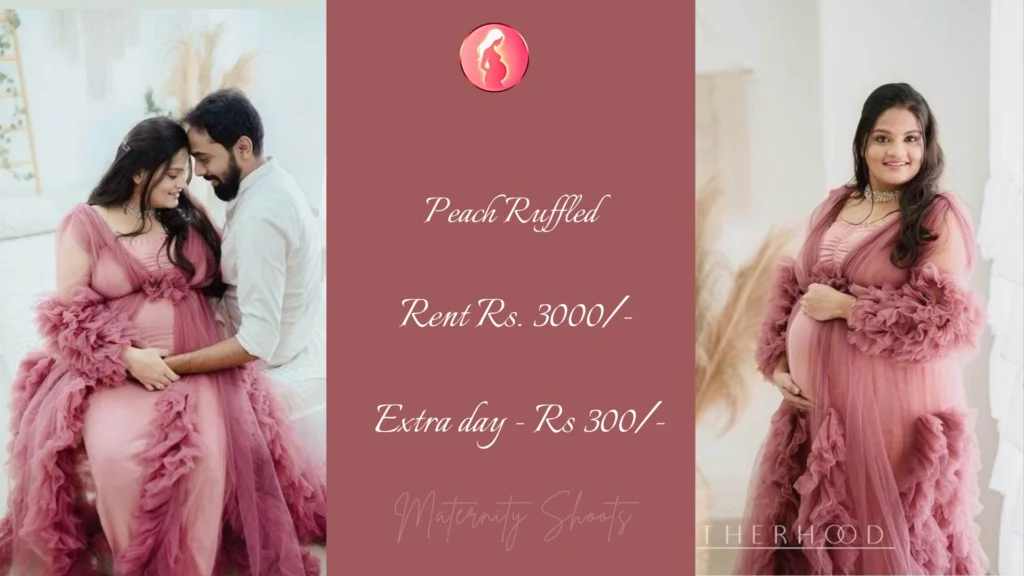 peach ruffled maternity gown with textured sleeves and flowing silhouette for elegant maternity photoshoot