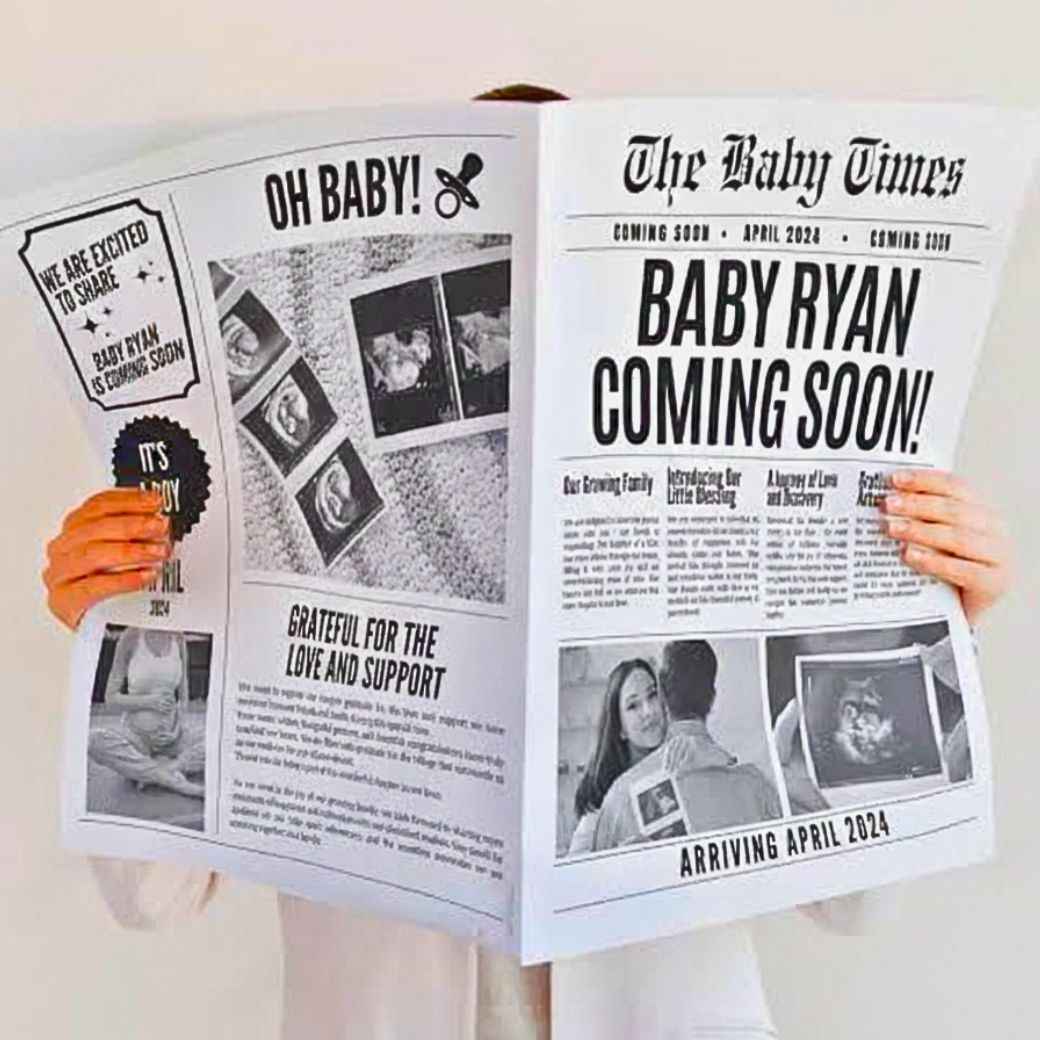 Pregnancy announcement newspaper prop for creative maternity photoshoot reveal