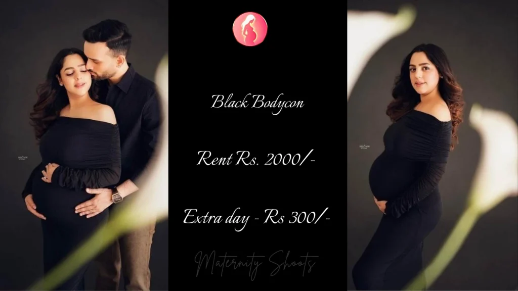 black bodycon maternity gown with fitted silhouette for modern couple maternity photoshoot