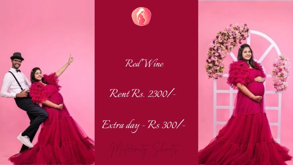 red wine maternity gown with rich layered skirt and bold styling for elegant maternity photoshoot