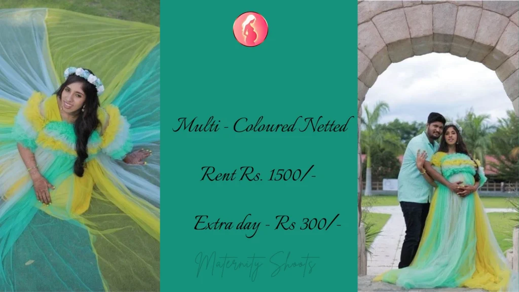multi coloured netted maternity gown with airy spread fabric for creative outdoor maternity photoshoot