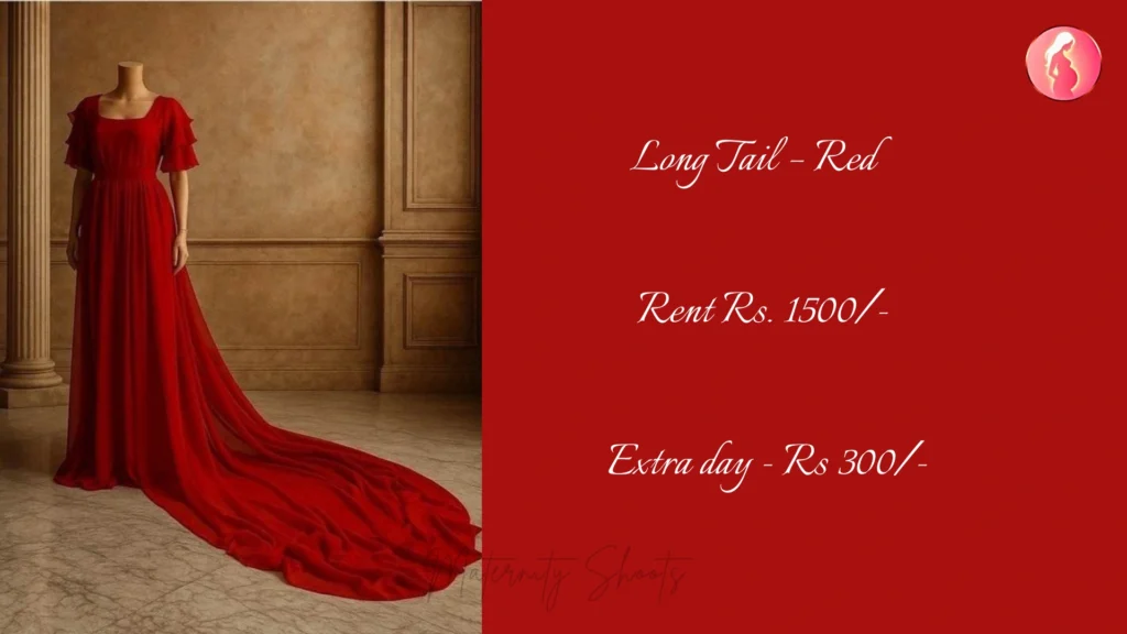 red long tail maternity gown with dramatic extended trail styled for classic maternity photoshoot