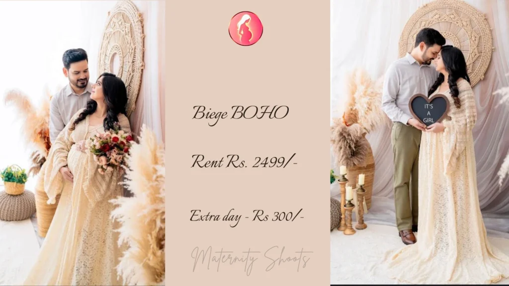 beige boho maternity gown with soft texture and natural styling for couple maternity photoshoot
