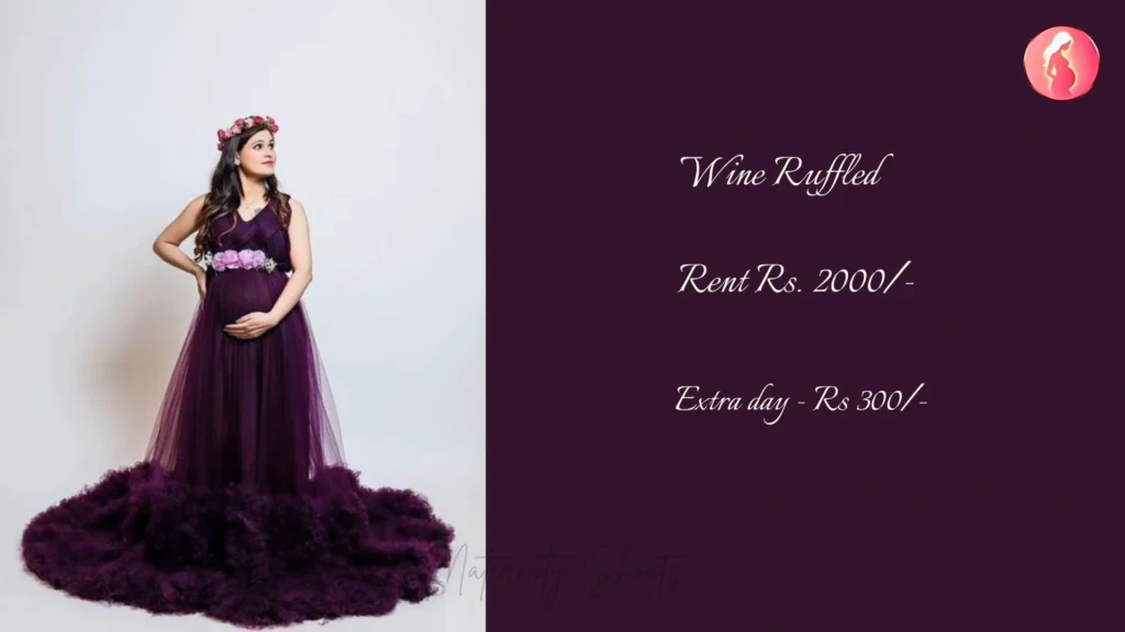 wine ruffled maternity gown with deep layered hem and rich tone for elegant maternity photoshoot