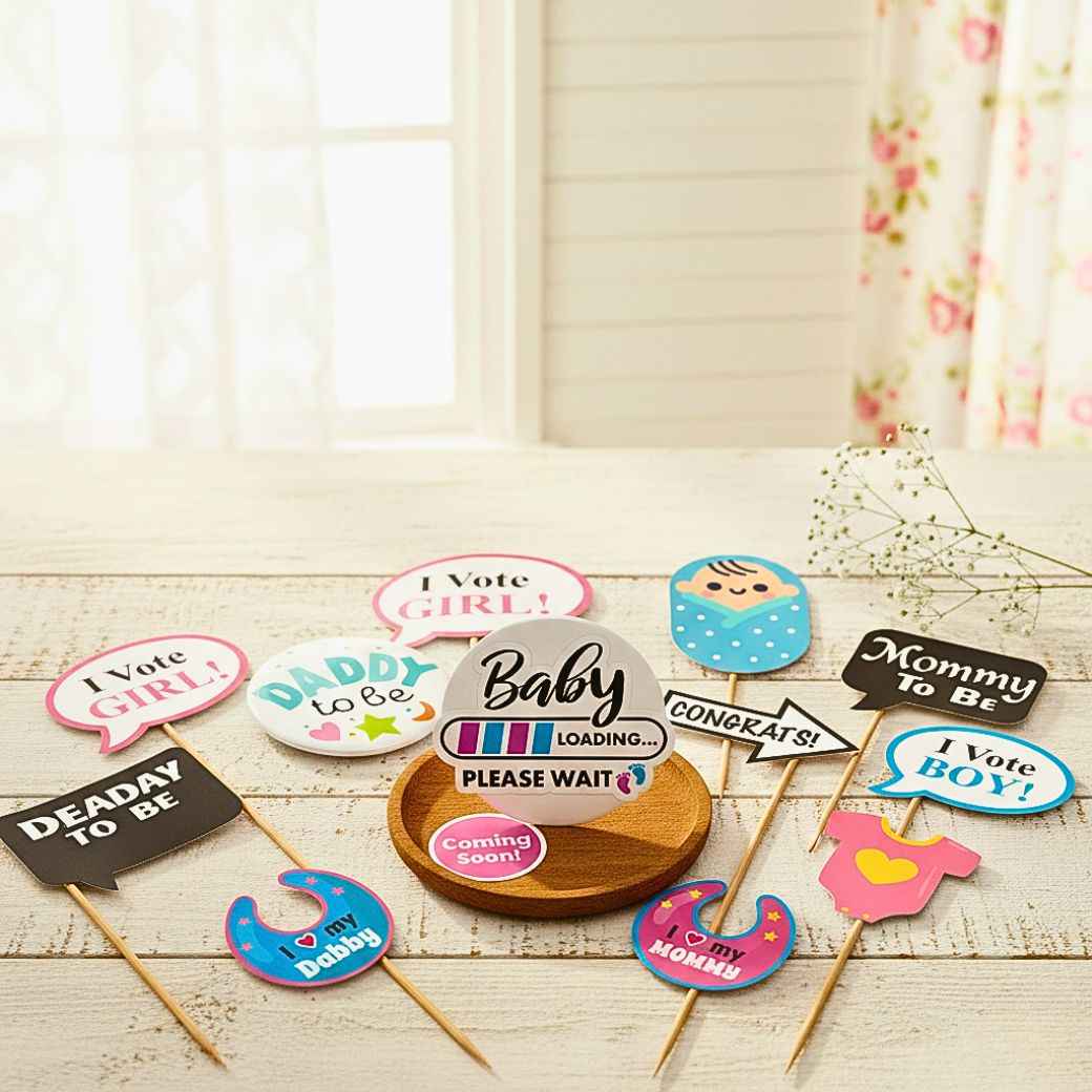 Mom-to-be, dad-to-be and coming soon stickers used for maternity announcement photoshoot prop