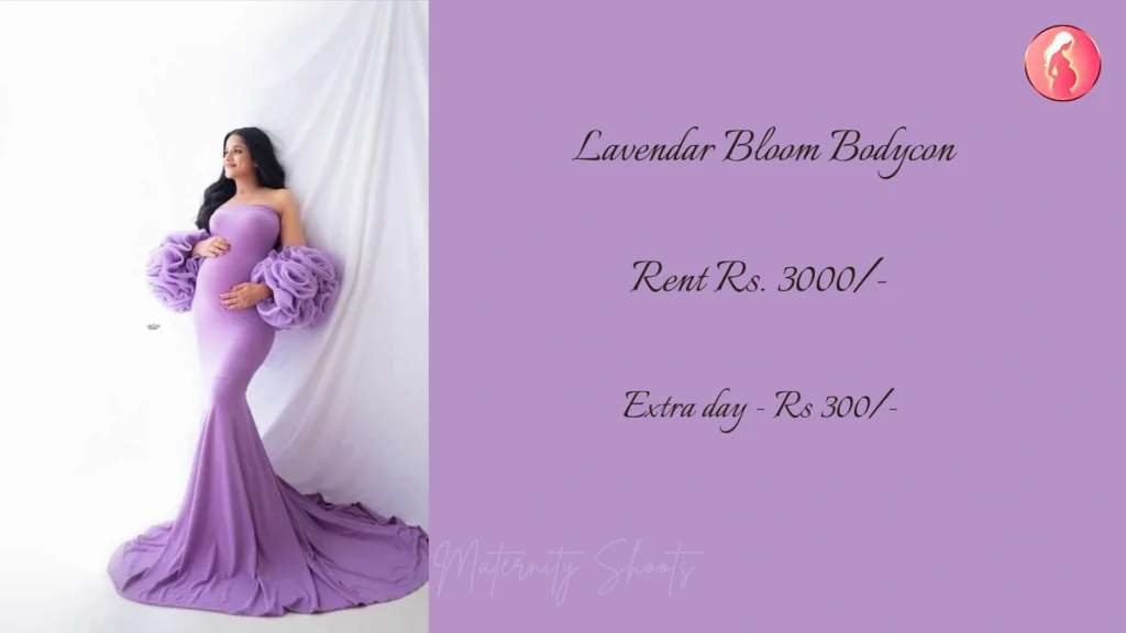 lavender bloom bodycon maternity gown with fitted silhouette and dramatic ruffle sleeves for studio maternity shoot