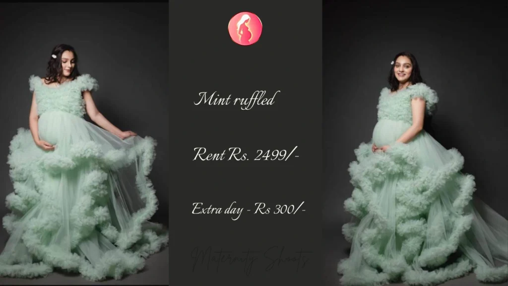 mint ruffled maternity gown with airy pastel layers designed for modern maternity portrait shoot