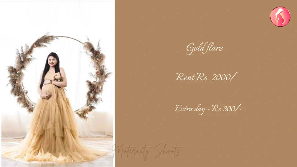 gold flare maternity gown with subtle shimmer and graceful fall for classy maternity photoshoot