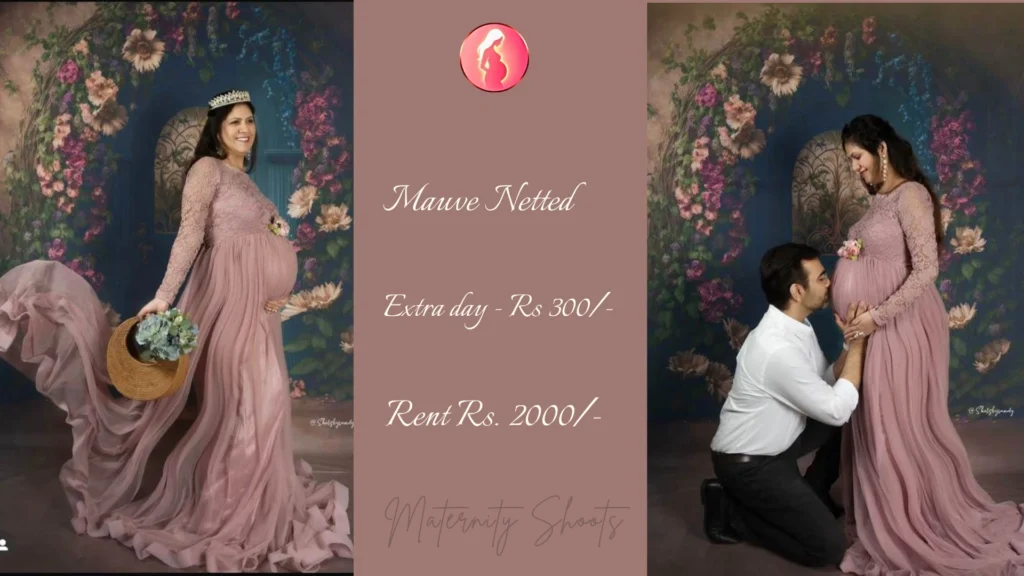 mauve netted maternity gown with elegant drape and long trail for studio maternity photoshoot