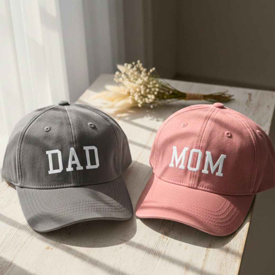 Mom and Dad caps used as fun prop for maternity photoshoot styling