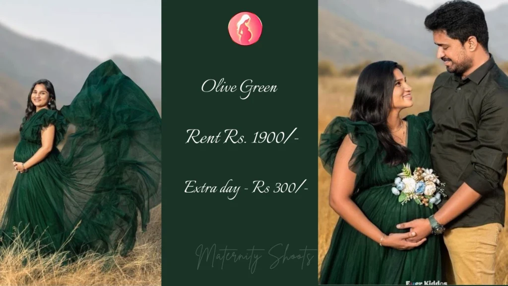 olive green flowing maternity gown with oversized fabric movement designed for outdoor pregnancy photoshoot