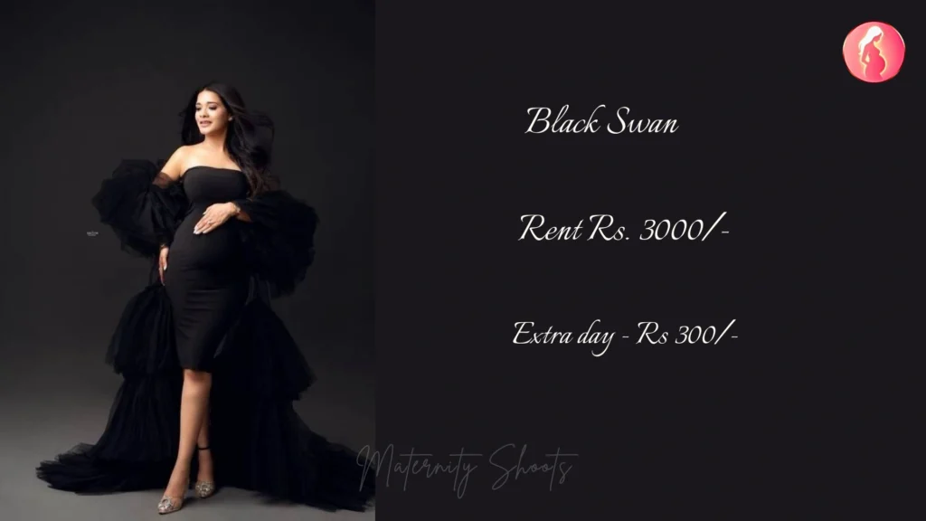black swan maternity gown with off shoulder design and sculpted fit styled for bold studio maternity portrait
