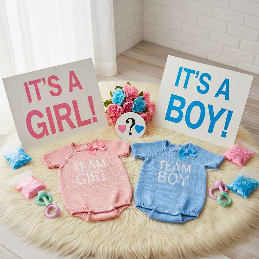 Gender reveal outfits and signs used for pregnancy announcement photoshoot