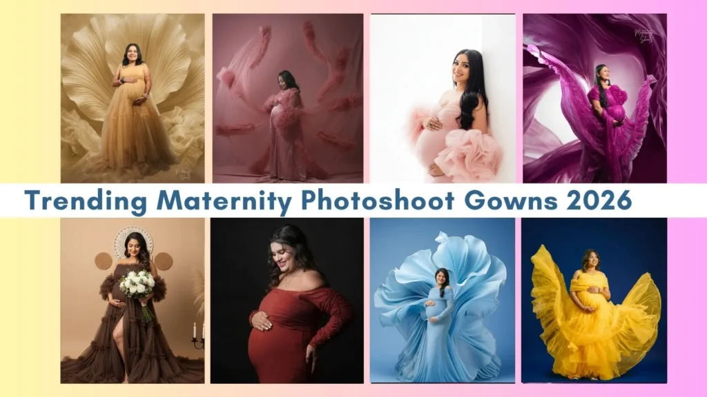 Trending maternity photoshoot gowns 2026 featuring modern styles, soft colors and elegant poses