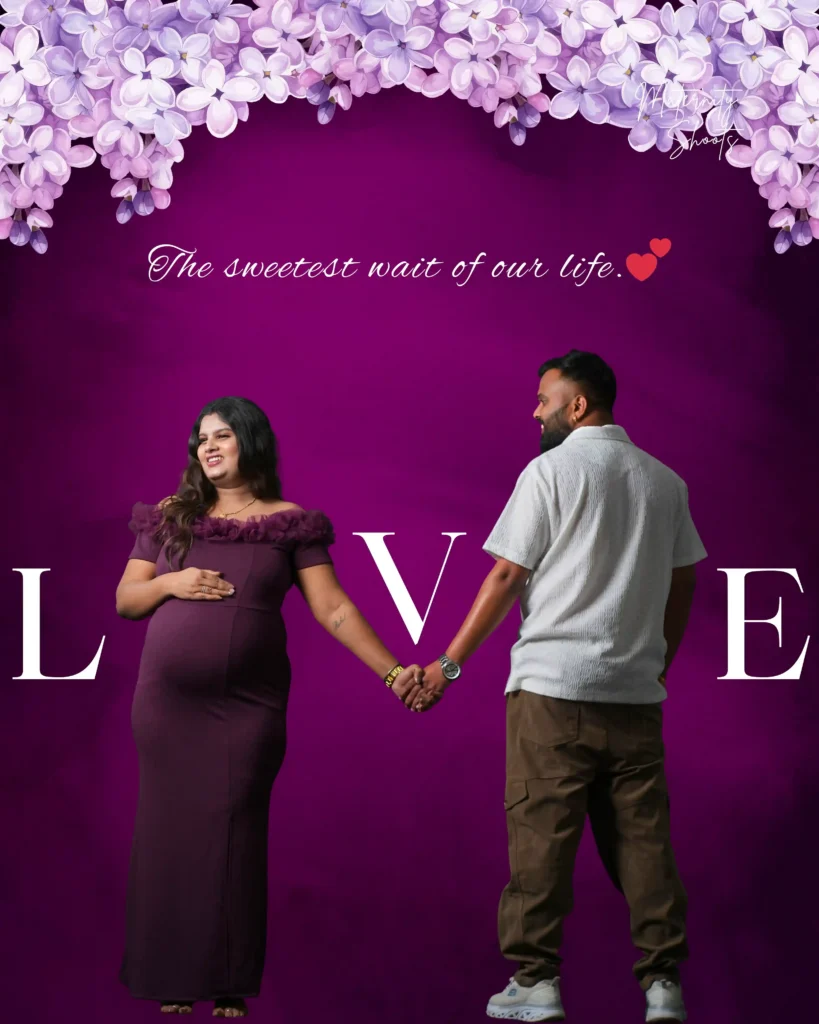 Confident maternity studio portrait in purple bodycon dress during indoor pregnancy photoshoot in Jamshedpur