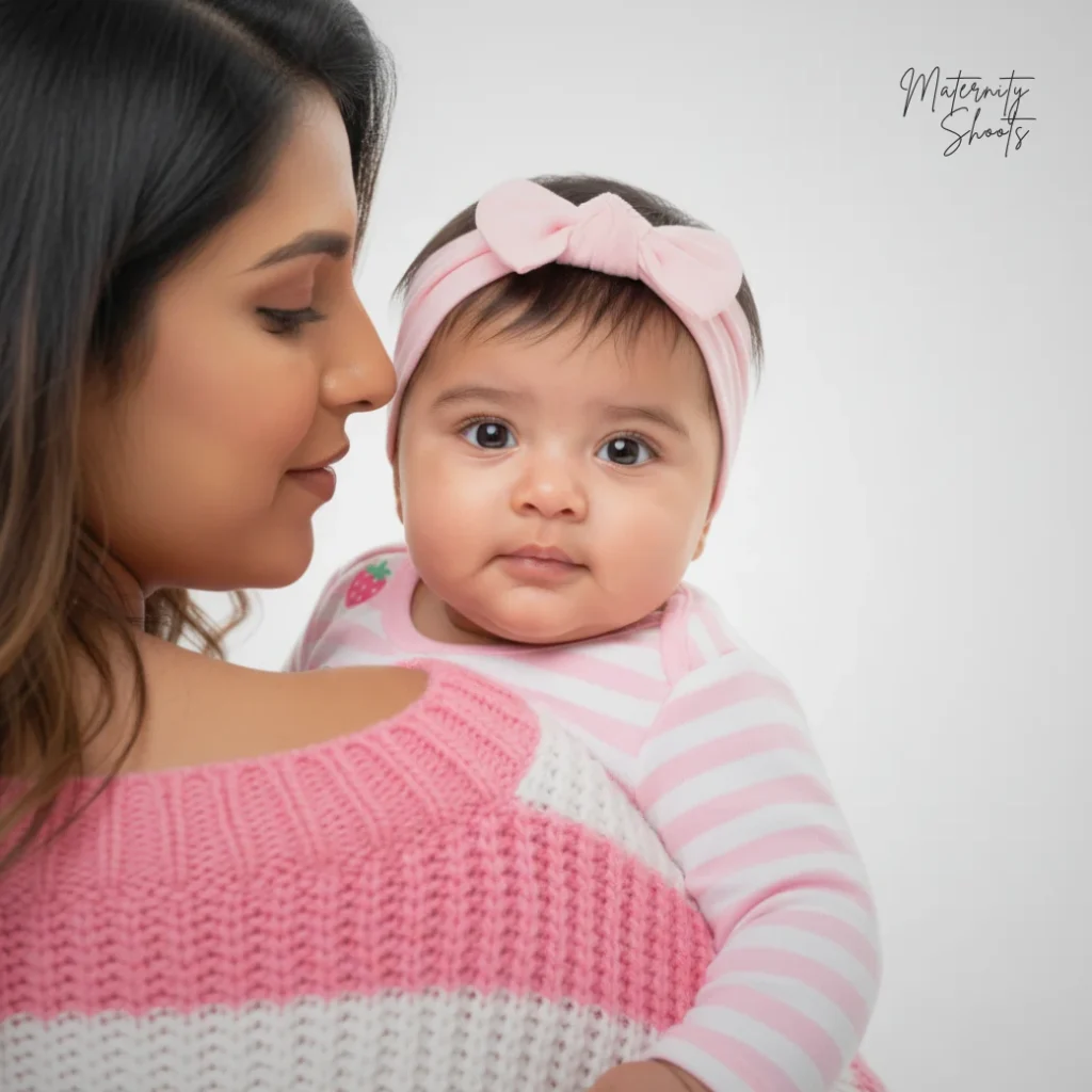 Baby Amyra smiling in her mother Riya’s arms during a Kolkata baby photography session.
