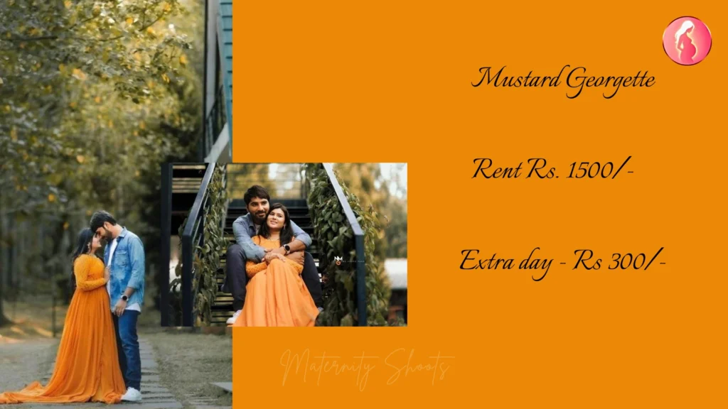 mustard georgette maternity gown with lightweight drape for outdoor couple maternity photoshoot