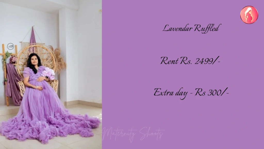 lavender ruffled maternity gown with heavy flare for elegant indoor maternity photoshoot