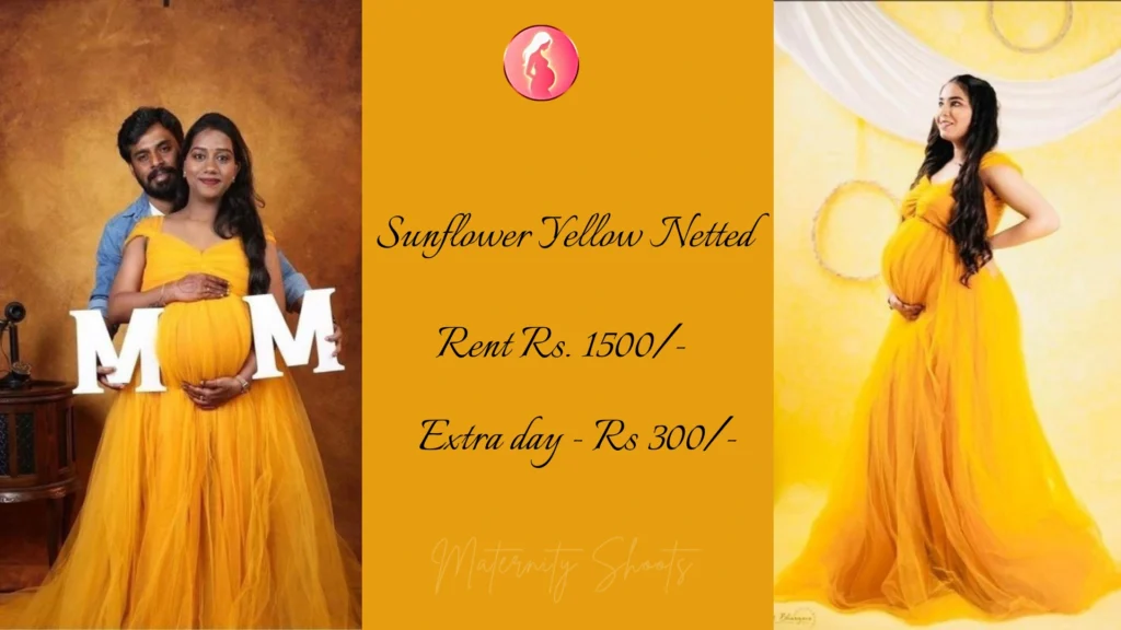 sunflower yellow netted maternity gown with bright layered look for joyful maternity photoshoot
