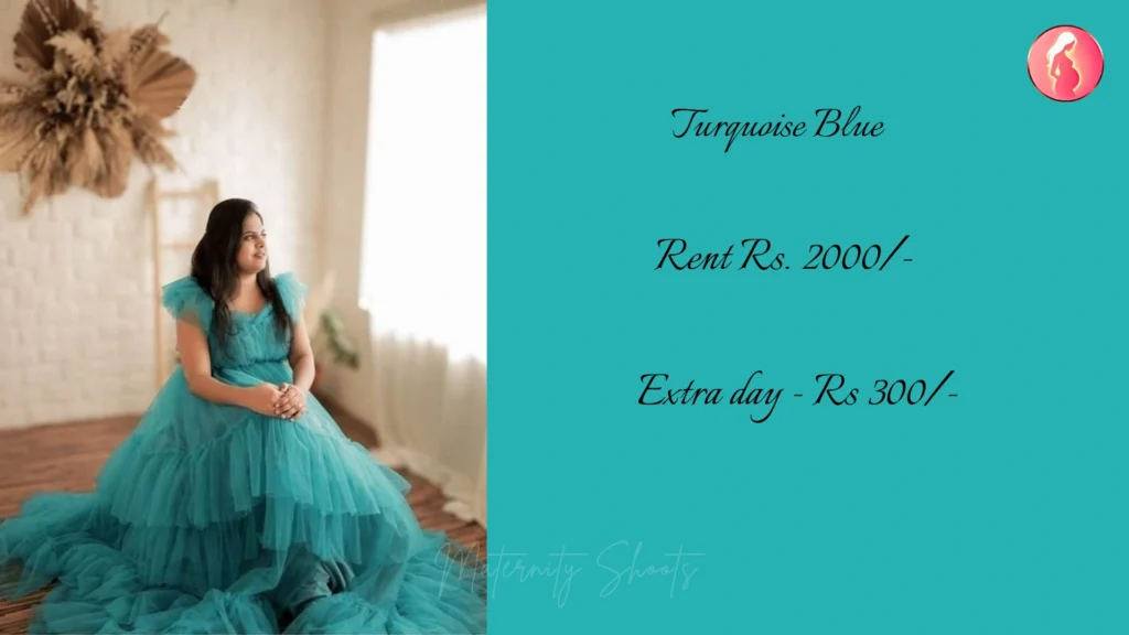 turquoise blue maternity gown with voluminous skirt and airy fabric for indoor maternity photography