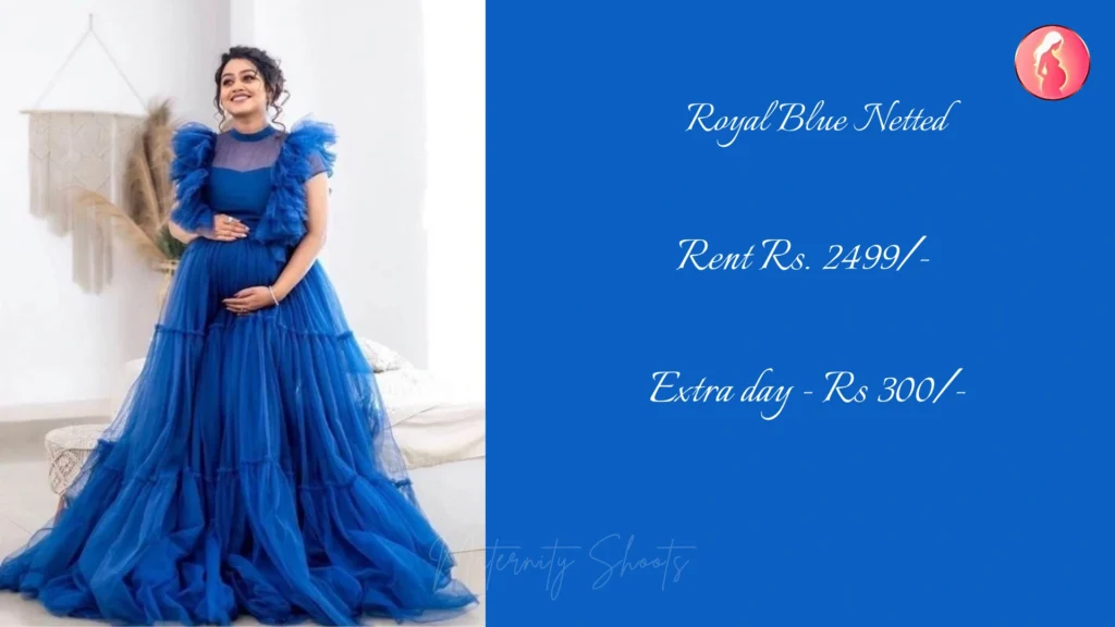 royal blue netted maternity gown with layered flare and soft volume styled for elegant pregnancy photoshoot