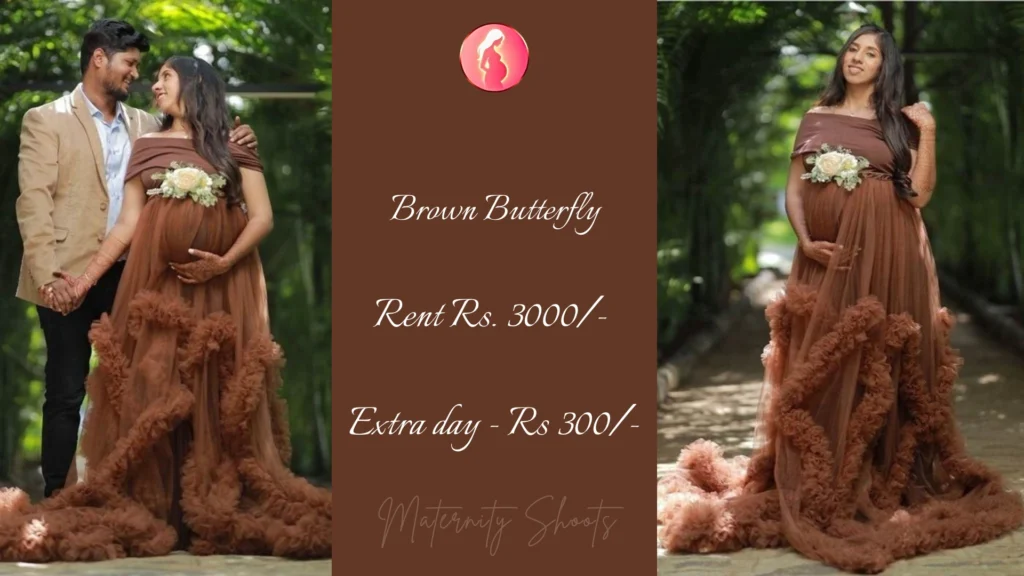 brown butterfly style maternity gown with dramatic net layers designed for forest maternity photoshoot