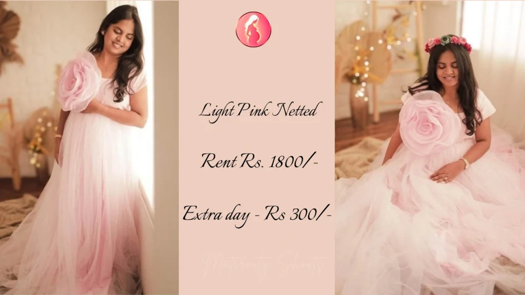 light pink netted maternity gown with soft pastel layers for gentle indoor maternity photoshoot
