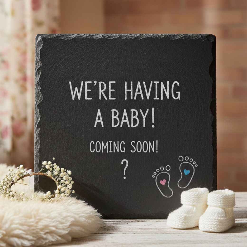 Slate for baby announcement used as a prop in maternity photoshoot setup