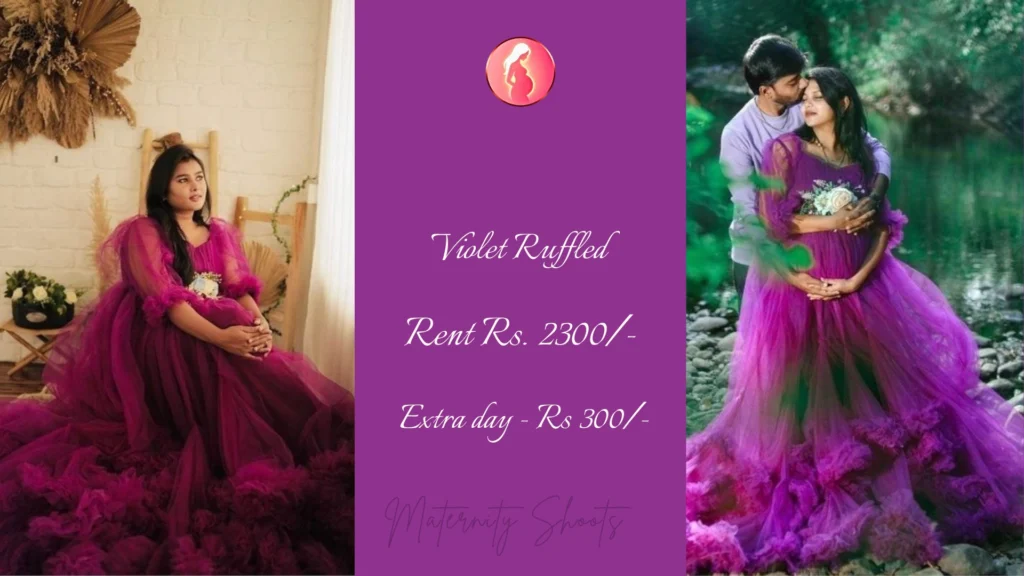violet ruffled maternity gown with voluminous layers styled for dramatic indoors and outdoor maternity photoshoot