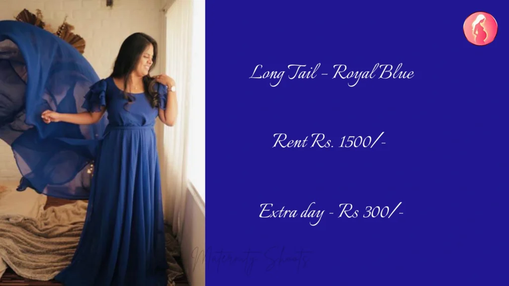 royal blue long tail maternity gown with flowing train designed for graceful maternity photography