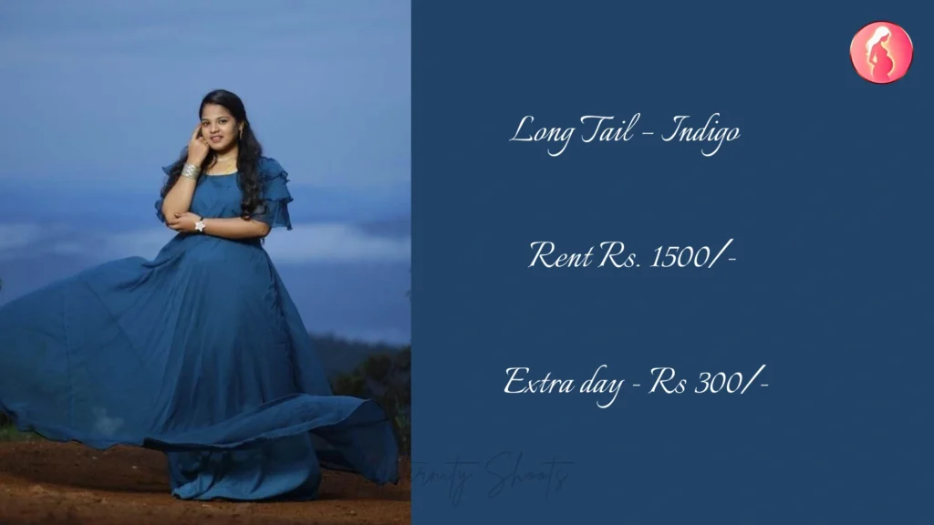 indigo long tail maternity gown with smooth fall and deep tone for scenic maternity photoshoot