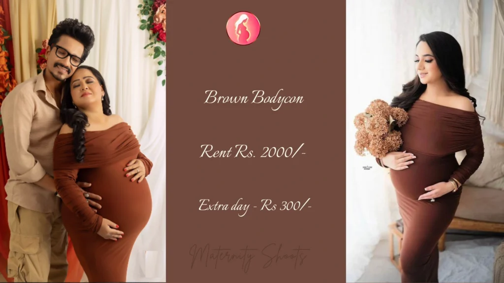 brown bodycon maternity gown with sleek fitted silhouette for intimate maternity photoshoot