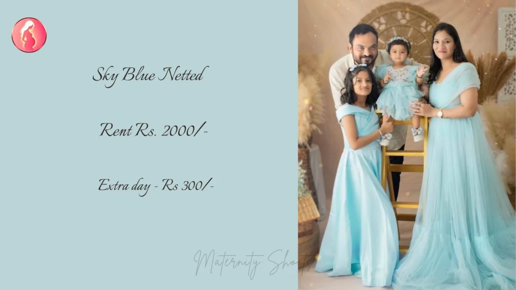 sky blue netted maternity gown with soft flowy layers styled for family maternity photoshoot