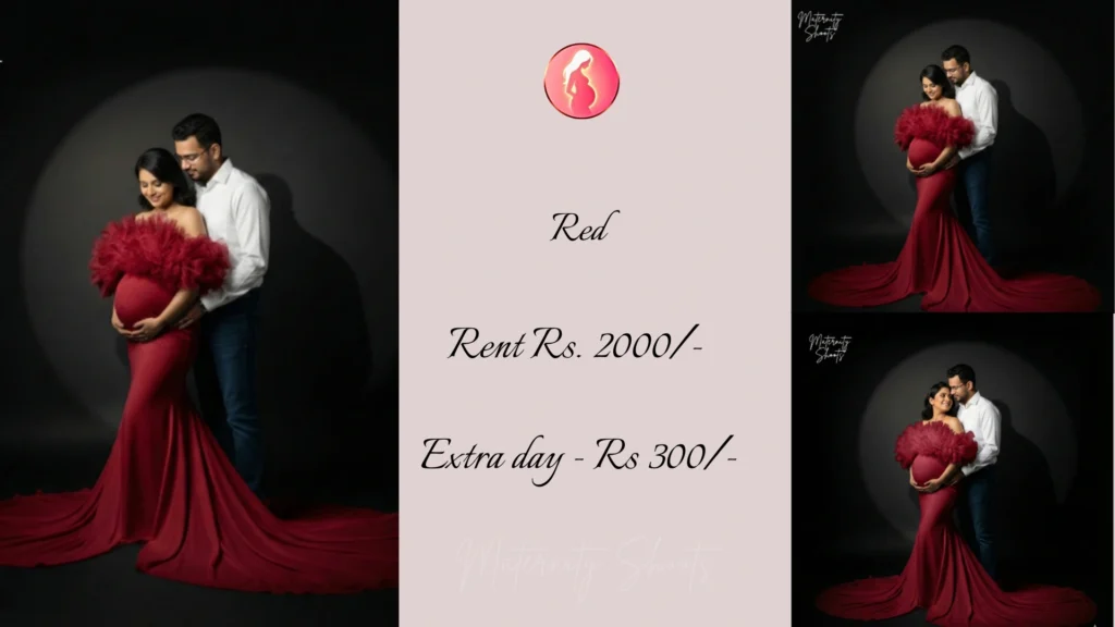 deep red mermaid maternity gown with long flowing trail captured during intimate couple maternity photography