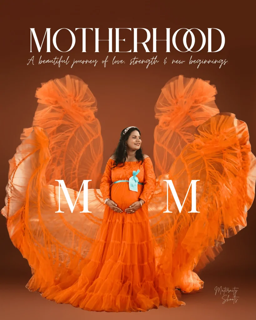 studio maternity photoshoot in Kolkata with orange gown motherhood concept