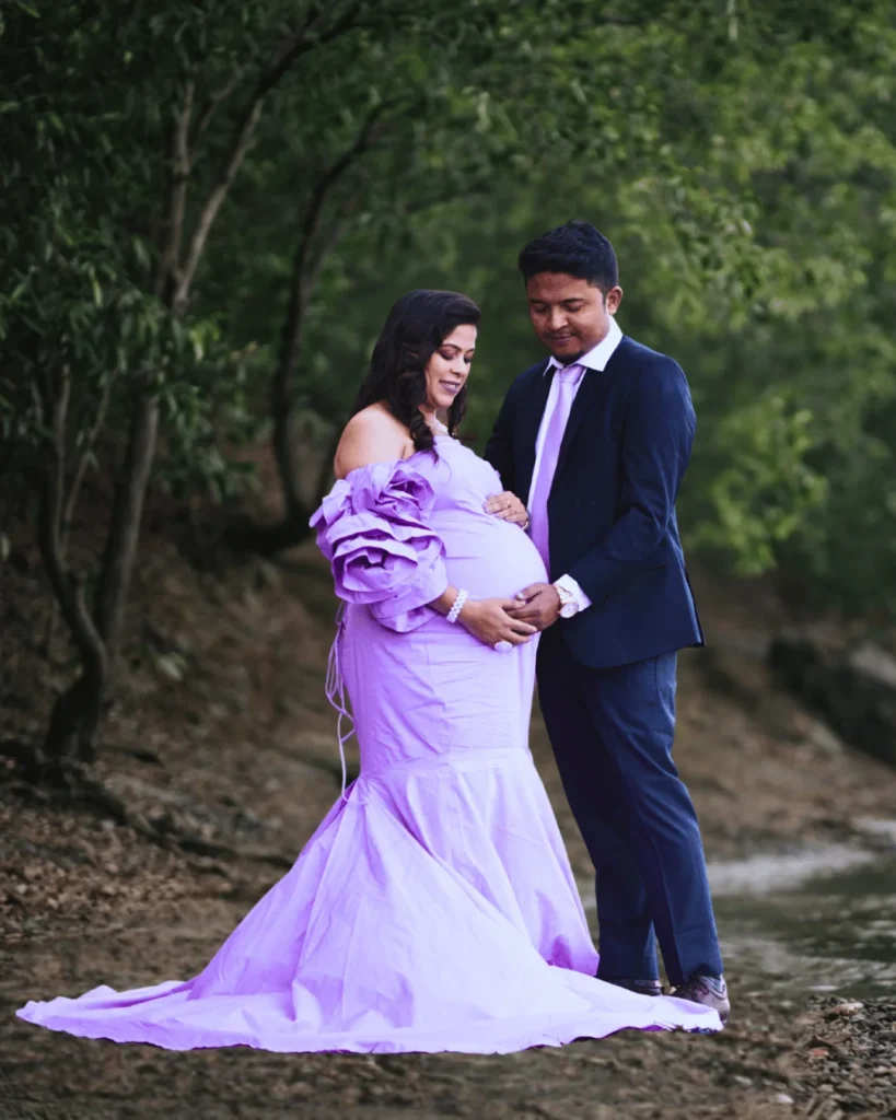 Couple maternity photoshoot in lavender gown at Asansol
