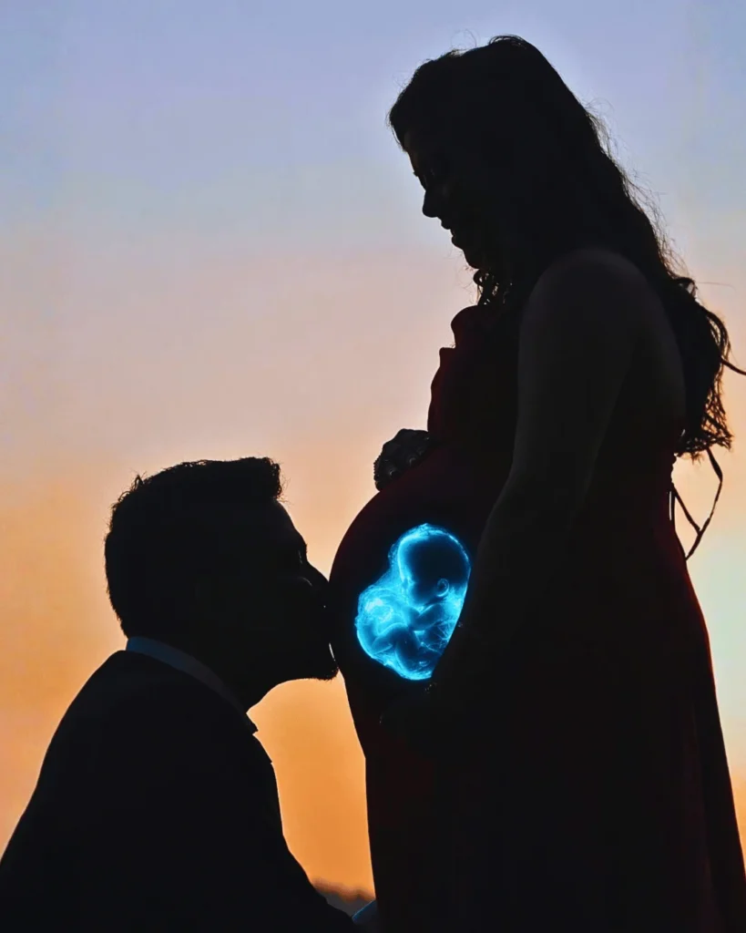 Creative silhouette maternity photoshoot with glowing baby effect in Asansol