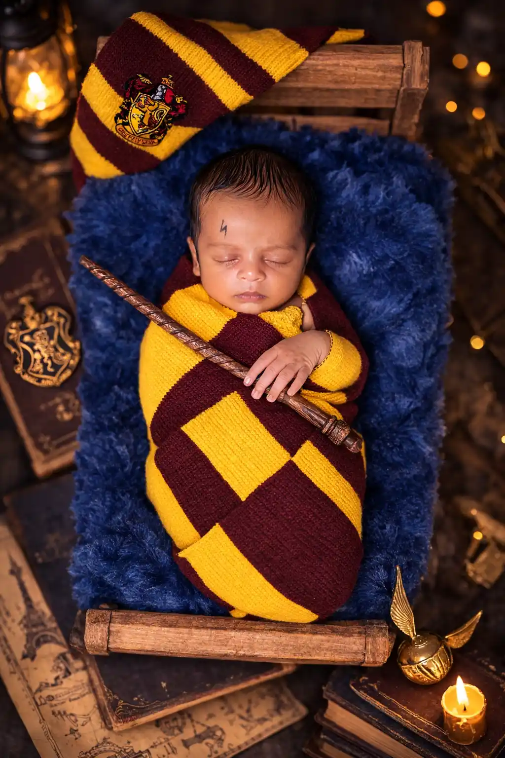 Harry Potter themed newborn photoshoot with sleeping baby