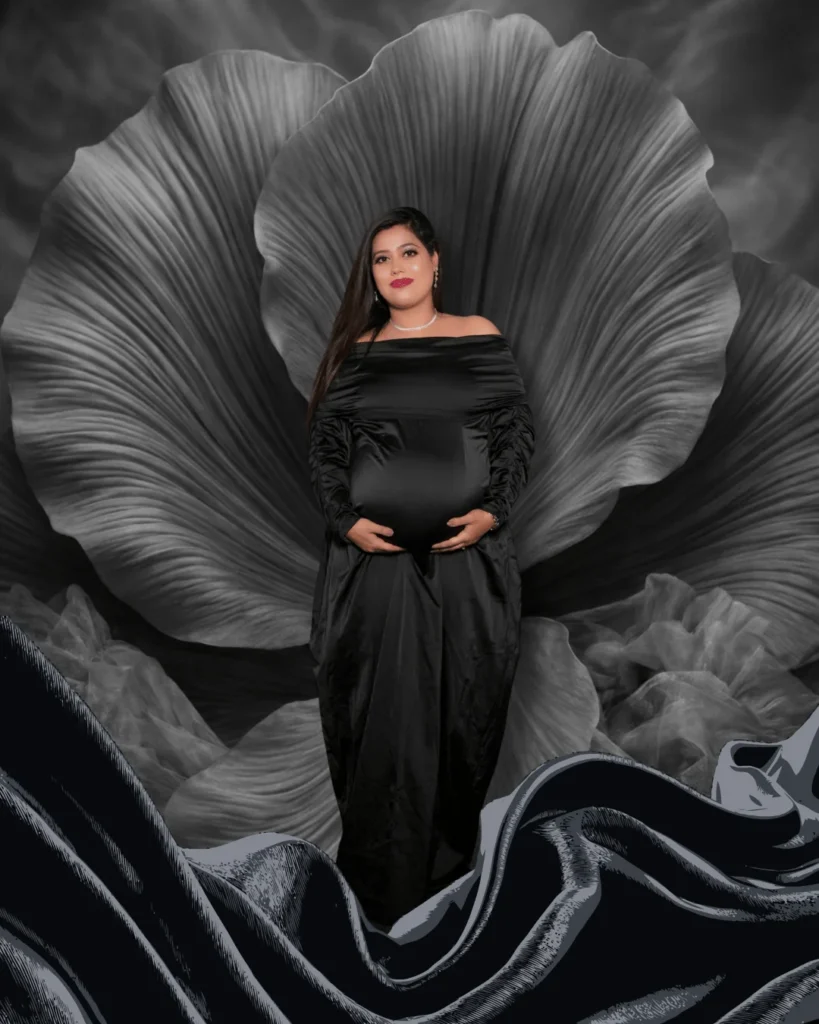 Luxury maternity photography in black gown at Asansol studio