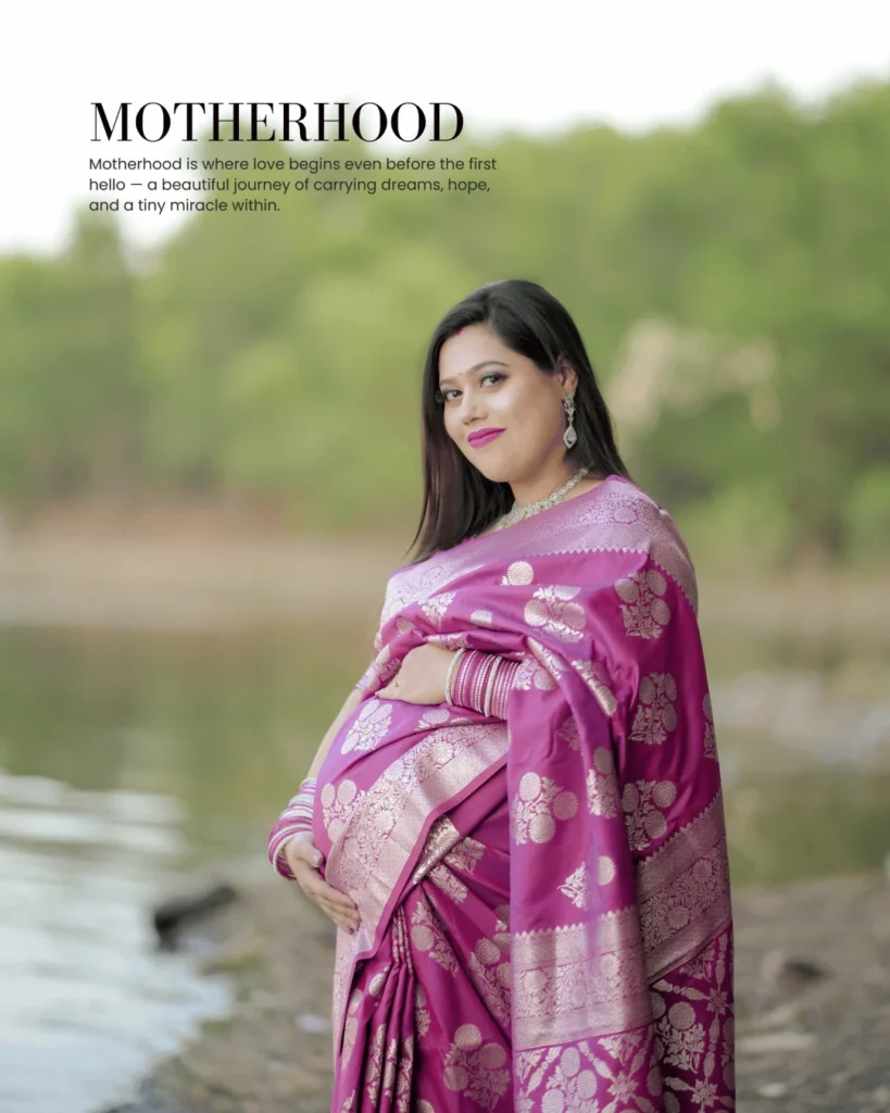 Motherhood maternity portrait in pink saree at Asansol