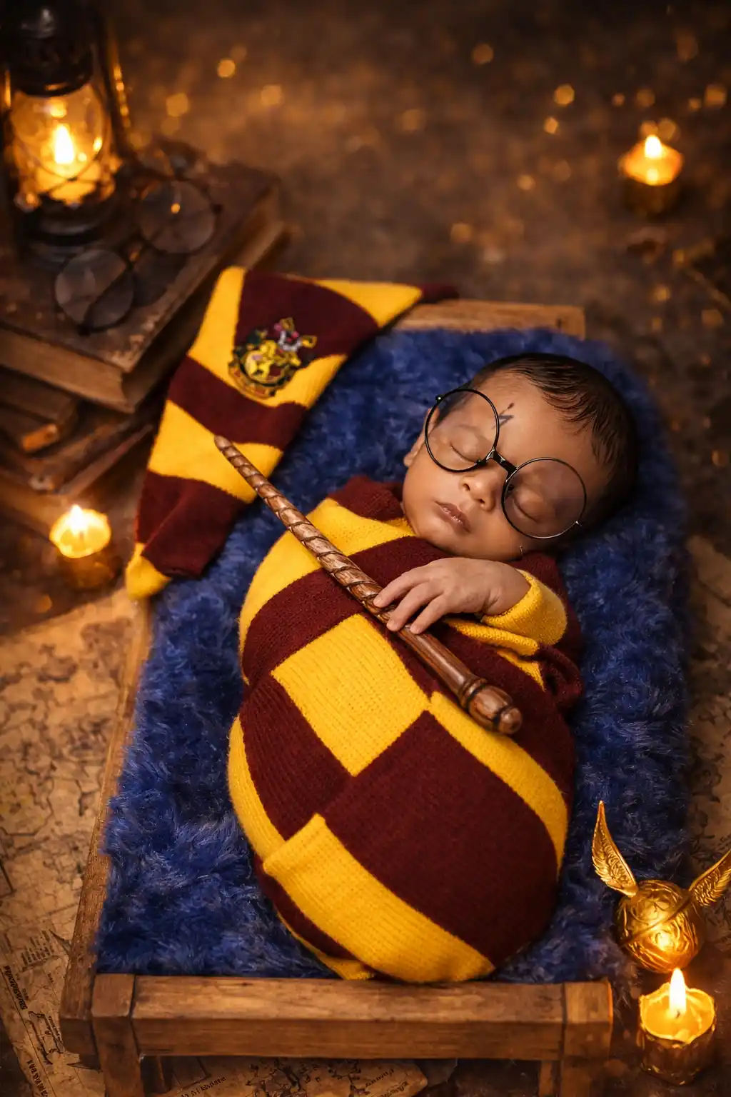 Newborn baby in Harry Potter setup with glasses and wand