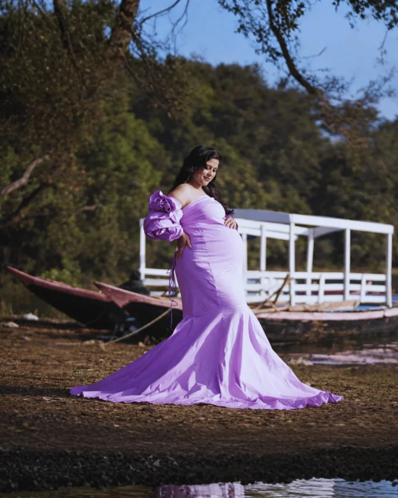 Outdoor maternity photoshoot in lavender gown at Asansol location