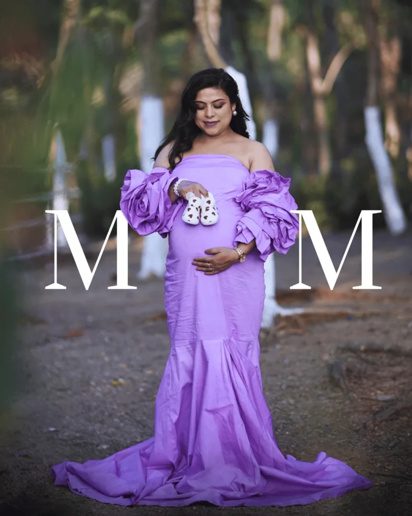 Outdoor maternity photoshoot in purple gown at Asansol